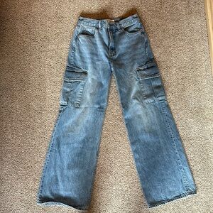 Denim Forum the Farrah hi-rise wide jeans. Cargo side pockets from Aritzia